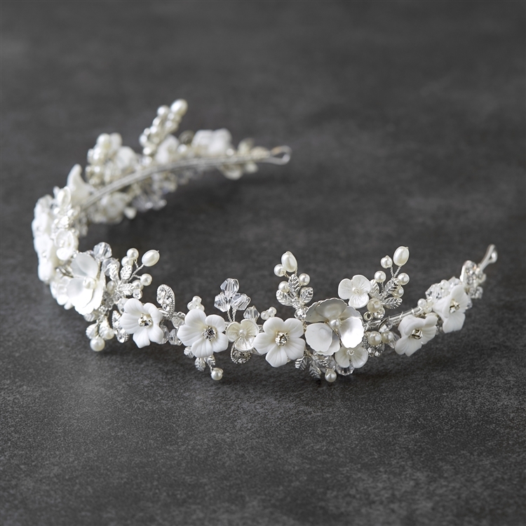 Bridal Tiara with Sculpted Flowers, Matte Silver Leaves, Ivory Pearls and Crystals