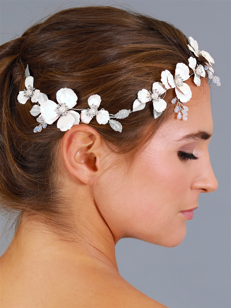 Mariell Floral Design Bridal Hair Vine with Ivory Metal Flowers and Hand Painted Matte Silver Leaves