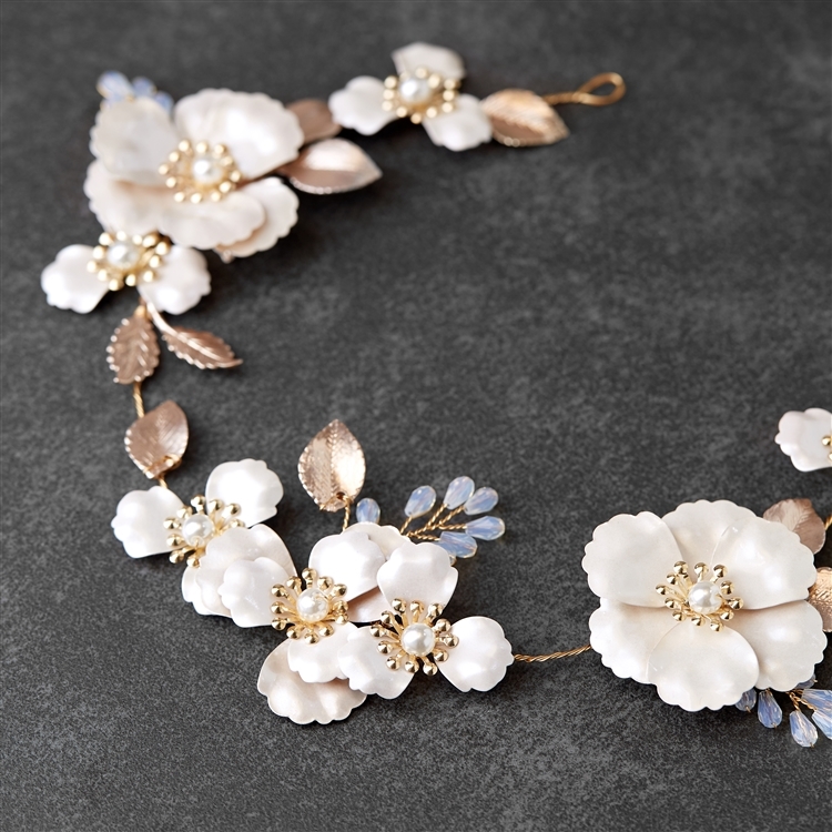 Mariell Floral Design Bridal Hair Vine with Ivory Metal Flowers and Hand Painted Matte Pink Leaves