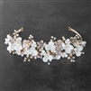 Mariell floral design bridal tiara headband with ivory resin flowers, dainty silver petals and hand painted matte pink leaves, wire loop on ends
