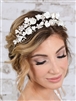 Mariell floral design bridal tiara headband with ivory resin flowers, dainty silver petals and hand painted matte silver leaves, wire loop on ends