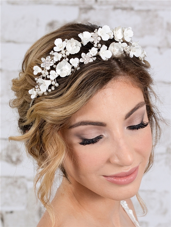 Mariell floral design bridal tiara headband with ivory resin flowers, dainty silver petals and hand painted matte silver leaves, wire loop on ends