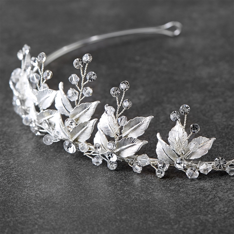 Mariell Bridal Tiara with Crystals and Hand Painted Matte Silver Leaves<br>4636T-S