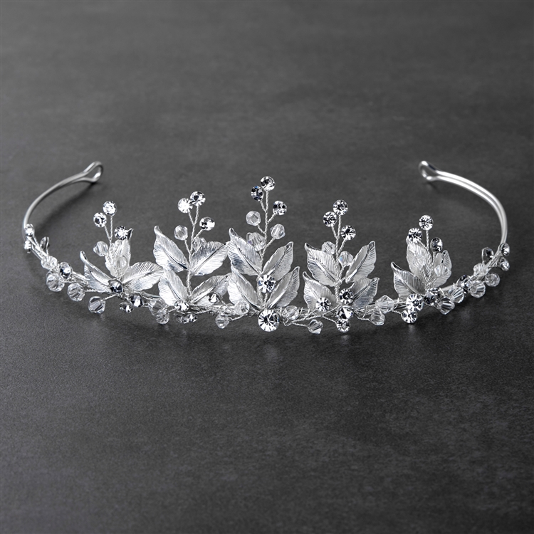 Mariell Bridal Tiara with Crystals and Hand Painted Matte Silver Leaves