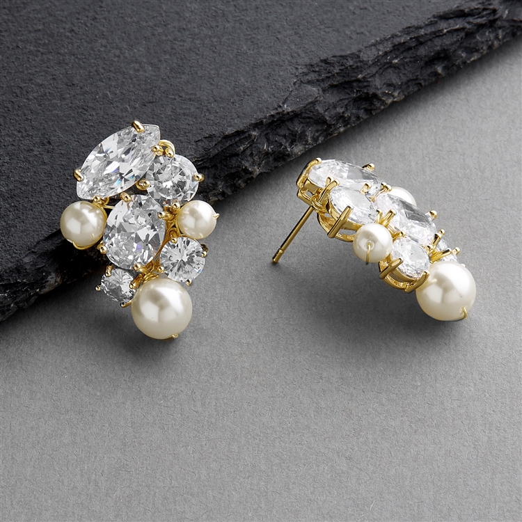 Hand-Crafted CZ and Ivory Pearl Cluster Gold Bridal Earrings<br>4638E-I-G