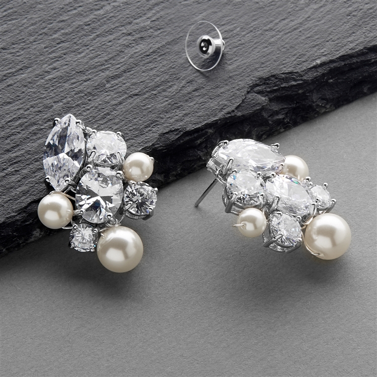 Hand-Crafted Cubic Zirconia and Mixed Ivory Pearl Cluster Wedding Earrings<br>4638E-I-S