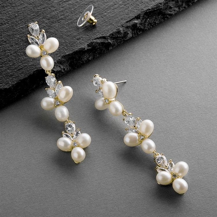 Genuine Freshwater Pearls and CZ  Linear Dangle Bridal Earrings in 14K Gold Plating<br>4642E-I-G