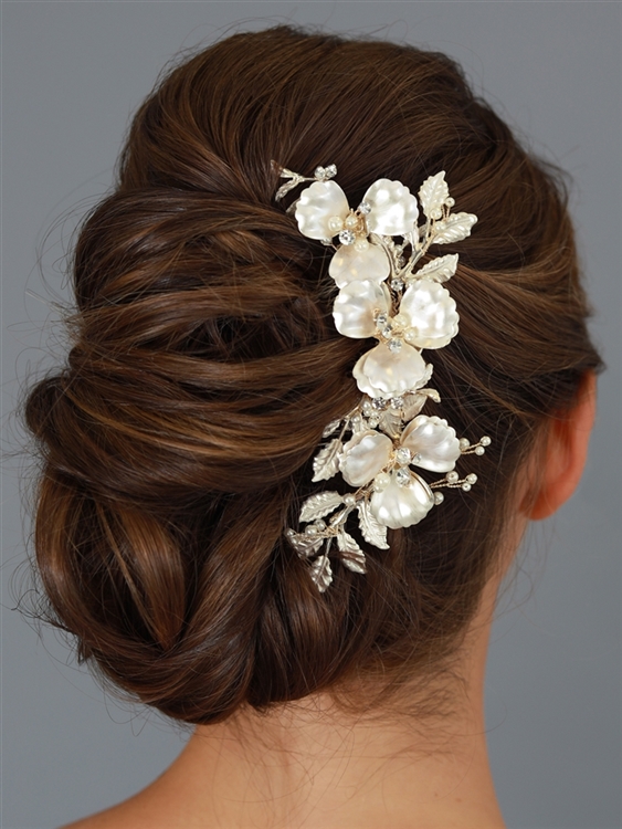 Opulent Multi Layer Matte Gold Floral Wedding Comb with Ivory Pearls and Crystal Accents