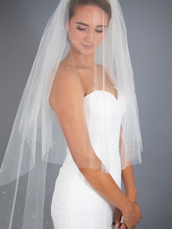 Knee Length 2-Row Pearl Bridal veil with Blusher