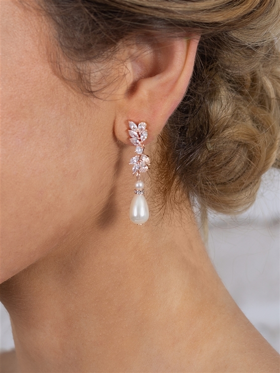 Rose Gold Cubic Zirconia and Teardrop Pearl Designer Bridal Earrings<br>4646E-I-RG