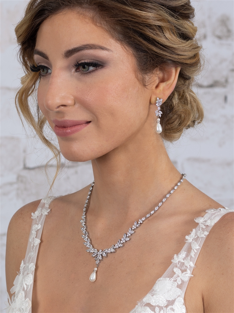 Luxe CZ and Pearl Teardrop Statement Bridal Necklace and Earrings Set in Platinum<br>4646S-I-S