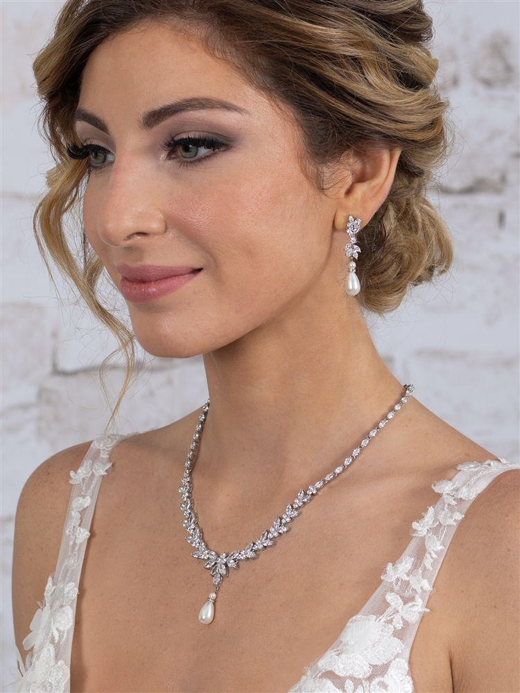 Mariell Wholesale Luxe CZ and Pearl Teardrop Statement Bridal Necklace and Earrings Set in Platinum