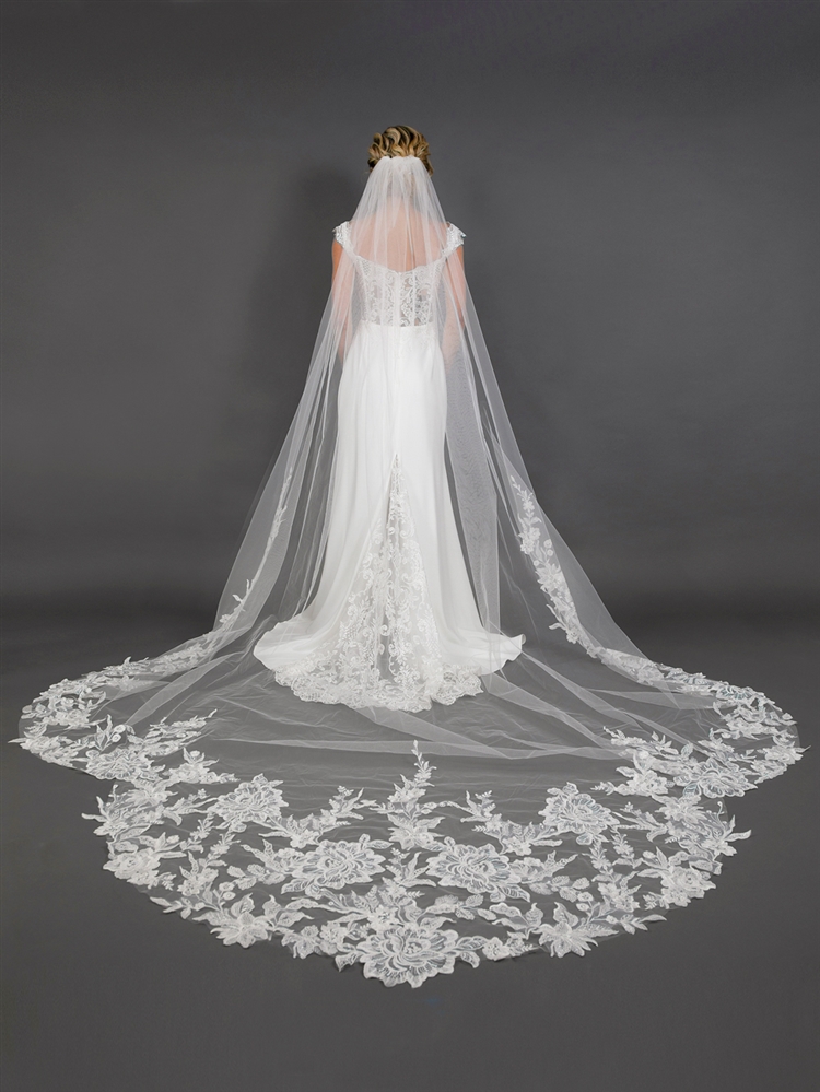 Mariell Wholesale 120" Long x 108" Extra Wide Royal Cathedral Bridal Veil with Crystal & Sequin Lace AppliquâˆšÂ©