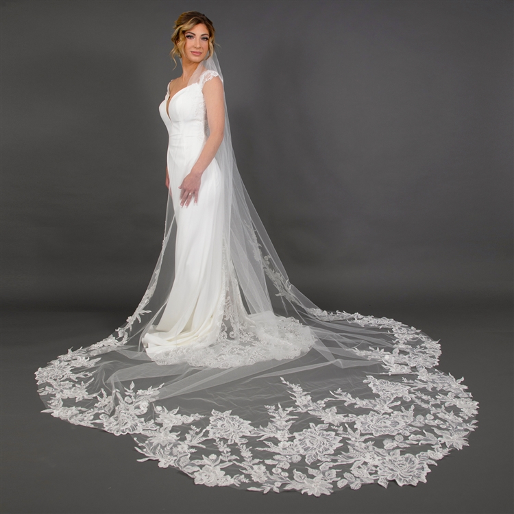 Layers Wedding Bridal Veil Lace White Cathedral Length Birdcag Edge Bride 