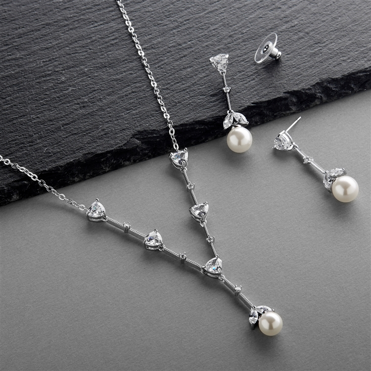 Cubic Zirconia Trillion and Light Ivory Pearl Bridal Necklace and Earrings Set<br>4648S-I-S