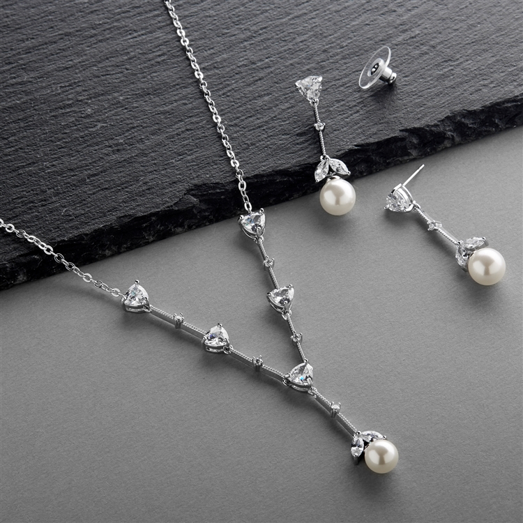 Mariell Wholesale Cubic Zirconia Trillion and Light Ivory Pearl Bridal Necklace and Earrings Set