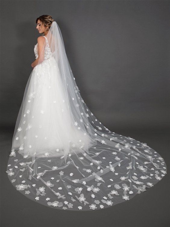 Mariell Stunning Ivory Waltz Length Cut Edge Bridal Veil with Floral Lace  Appliques 4680V-I-60 - 60 Inches Long