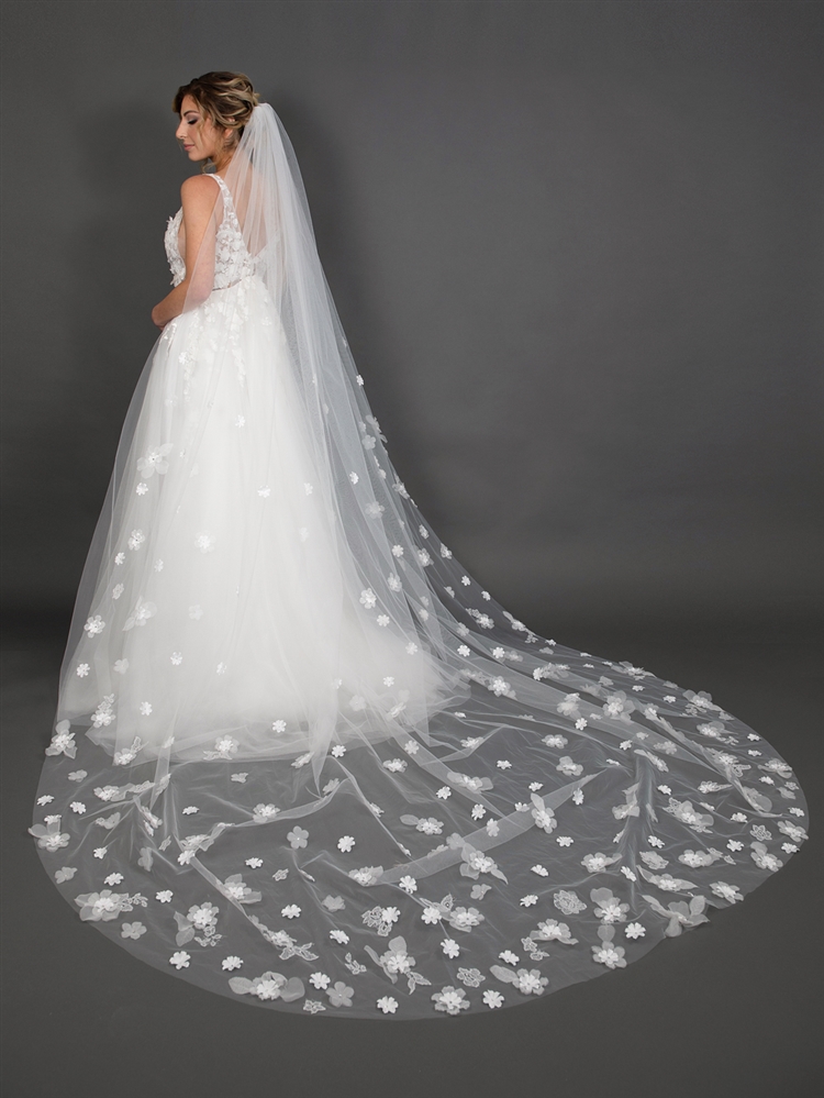 3-Dimensional Hand Cut Flower Cathedral Bridal Veil 108" L x 90" W   - Ivory with Crystal Accents<br>4652V-108-I