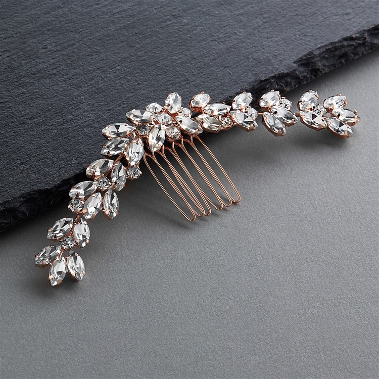 Rose Gold Wedding or Prom Hair Comb with Curved Marquis Crystal Design<br>4655HC-RG