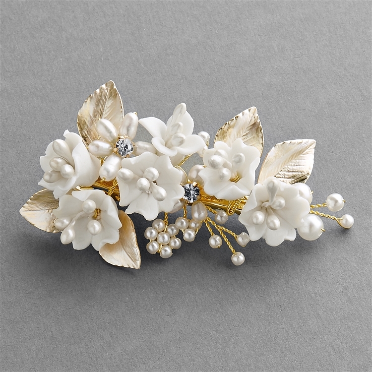 Wedding Hair Clip with Light Ivory Resin Flowers, Pearls and Matte Gold Leaves