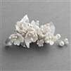Wedding Hair Clip with Light Ivory Resin Flowers, Pearls and Matte Silver Leaves