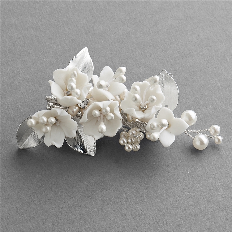 Wedding Hair Clip with Light Ivory Resin Flowers, Pearls and Matte Silver Leaves
