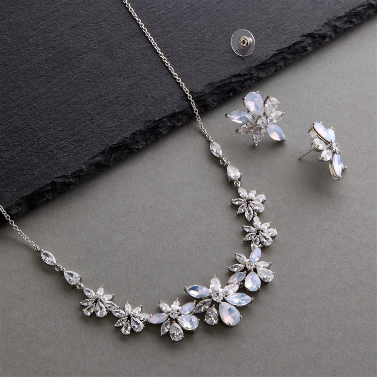 Cubic Zirconia and Opal Starburst Wedding Necklace & Earrings Set for Brides<br>4657S-OP-S