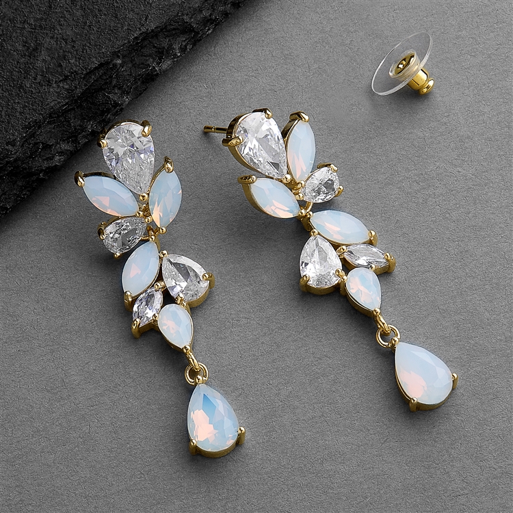 CZ and Opal Linear Mosaic Gold Wedding Earrings for Brides & Bridesmaids<br>4658E-OP-G