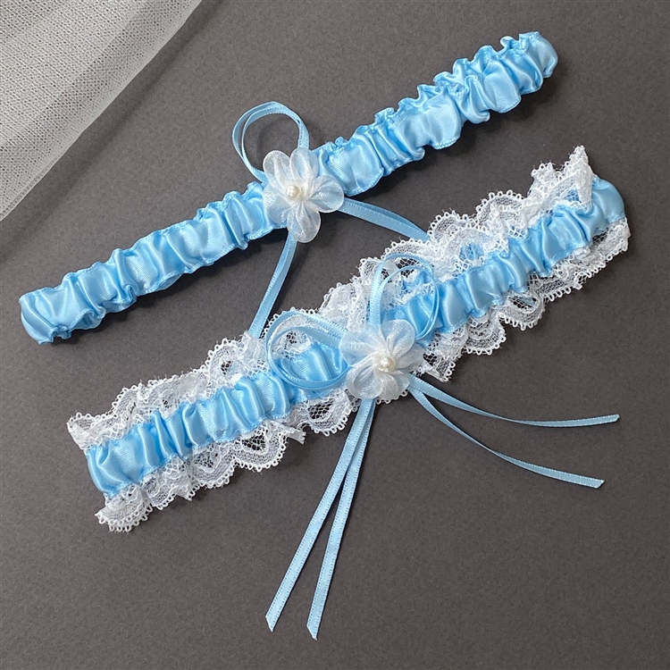 Something Blue Wedding Garter Set with Ivory Lace & Blue Satin Tossing & Keepsake Garter<br>4662G-I-BL