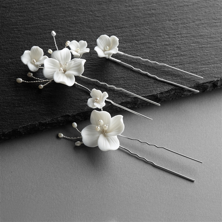 Bridal Hair Pins with Ivory Resin Flowers and Pearls - Set of Three Hair Sticks