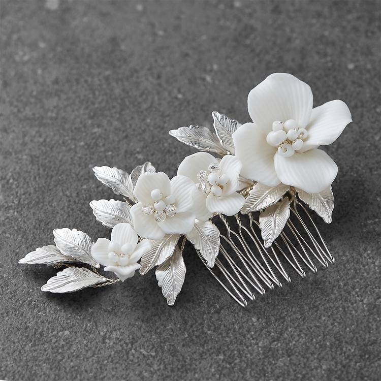 Wedding Hair Comb with Light Ivory Resin Flowers, Crystals and Matte Silver Leaves