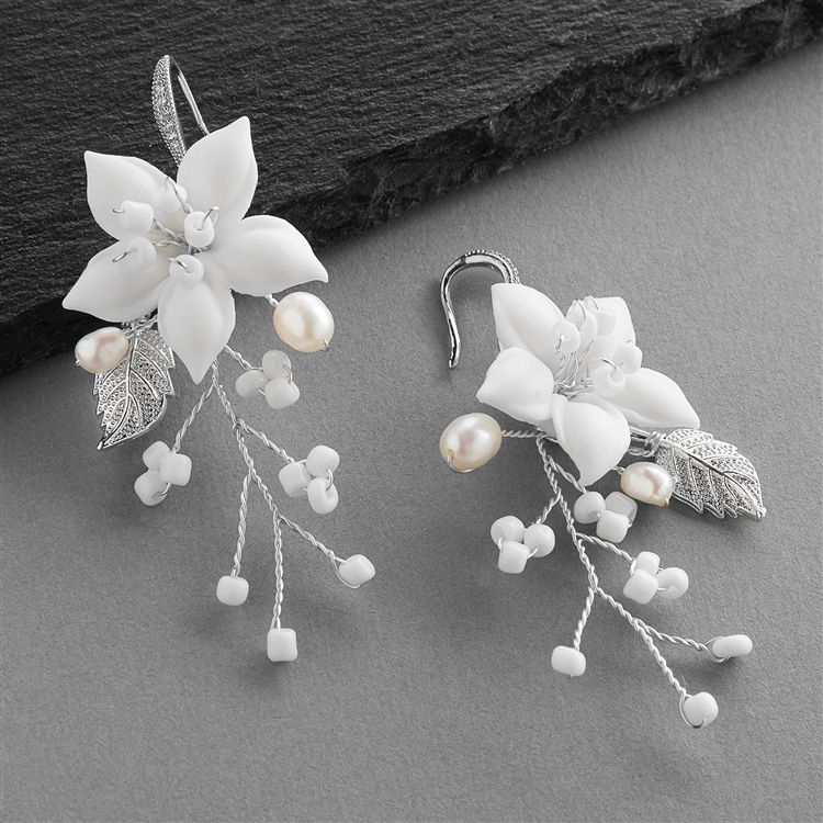 Handmade Wedding Earrings with Light Ivory Resin Flowers, Silver Leaves and Freshwater Pearls<br>4667E-I-S