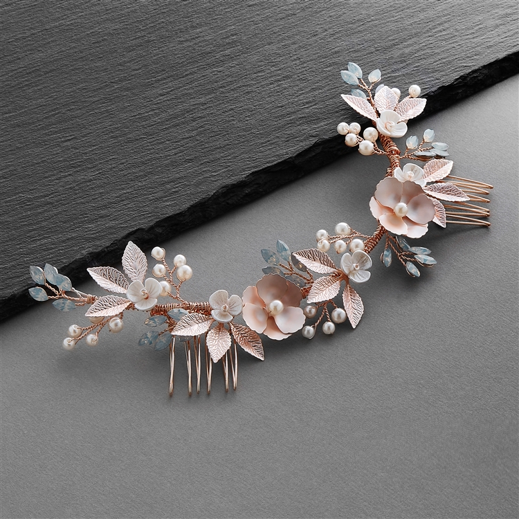 Mariell Floral Design Bridal Hair Vine with Matte Pink Flowers, Opals, Pearls and Rose Gold Leaves