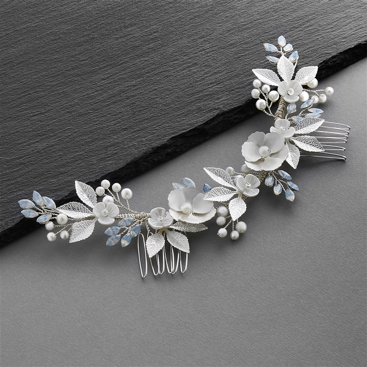 Mariell Floral Design Bridal Hair Vine with Matte Silver Flowers, Shell Flowers, Crystals, and Silver Leaves