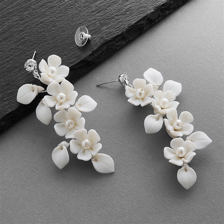 Handmade Bridal Earrings with Ivory Resin Flowers and Pearls<br>4669E-I-S