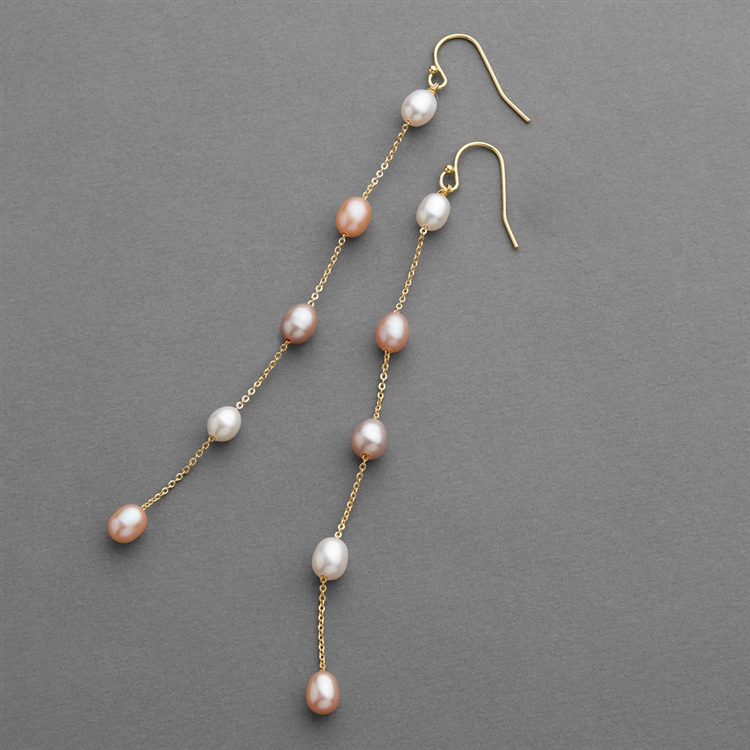 Freshwater Pearls Shoulder Duster Dangle Earrings in Champagne Multi & Gold Chain
