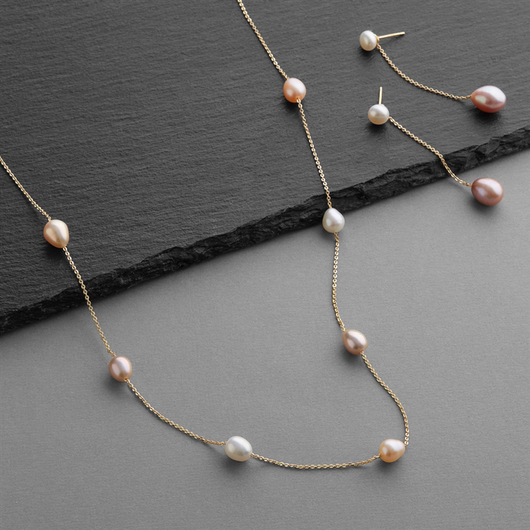 Champagne Multi Freshwater "Floating Pearl" Necklace & Earrings Set on Thin Link Chain, 14K Gold Plating