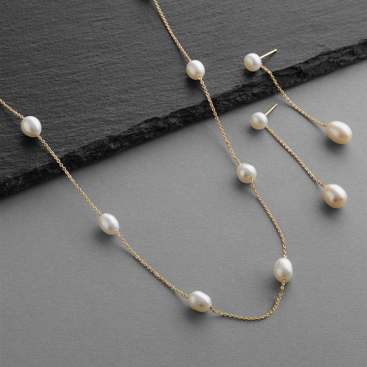 Ivory Freshwater "Floating Pearl" Necklace & Earrings Set on Thin Link Chain, 14K Gold Plating