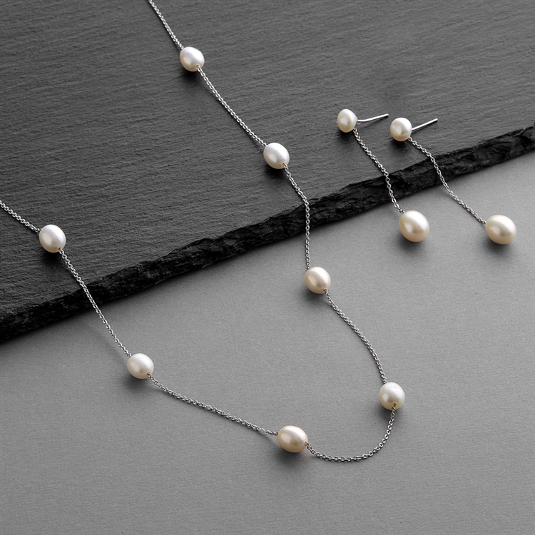 Ivory Freshwater "Floating Pearl" Necklace & Earrings Set on Thin Link Chain, Platinum Plating