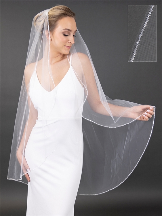 Exquisite 48" Beaded  Ivory Bridal Veil with Opaque Satin Ice Bugle Bead Edge<br>4676V-I-48