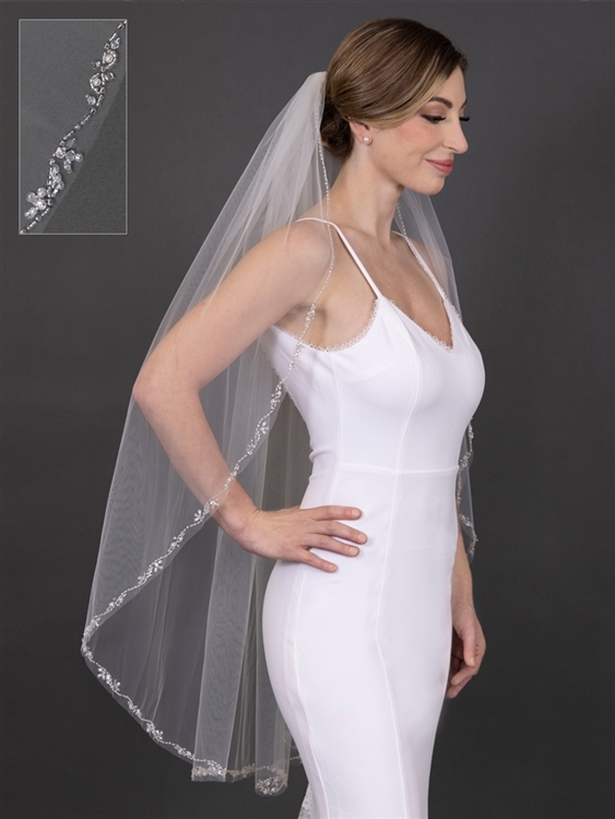 Rhinestone Edge Cathedral Bridal Veil with Pearls, Beads & Crystals - Ivory  4618V-I