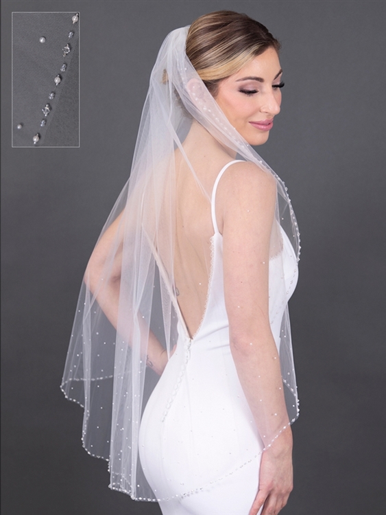 38" Fingertip Length Beaded Bridal Veil with Bicone Crystal & Pearl Edge & Scattered Pearls<br>4679V-I-38