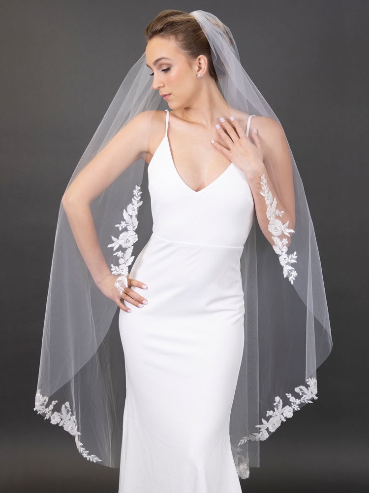 Stunning 60" Ivory Waltz Length Cut Edge Bridal Veil with Floral Lace Appliques<br>4680V-I-60
