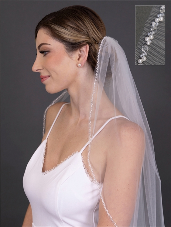 90 Chapel Length Cut Edge Ivory Bridal Veil with Scattered Pearls &  Crystals 4644V-I-90