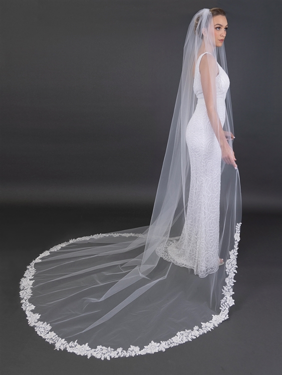 Luxurious 108" Cathedral Bridal Veil with Heavily Beaded Lace Edge <br>4686V-I-108