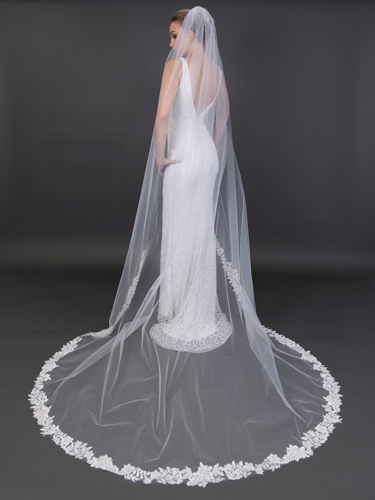 Luxurious 108" Cathedral Bridal Veil with Heavily Beaded Lace Edge <br>4686V-I-108