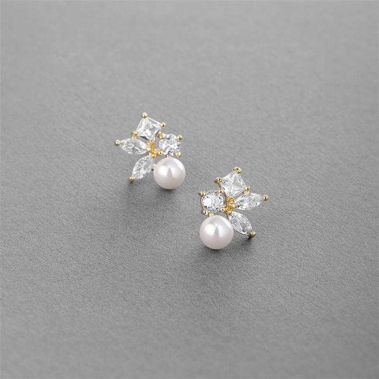 Mixed Shape Cubic Zirconia Cluster Bridal Earrings with 6mm Ivory Pearls<br>4688E-I-G