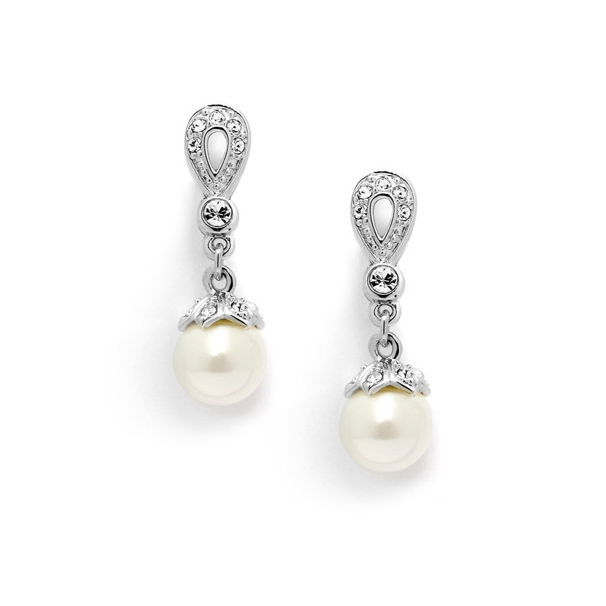 Silver Vintage CZ Pave Bridal Earrings with Pearl Drop<br>468E