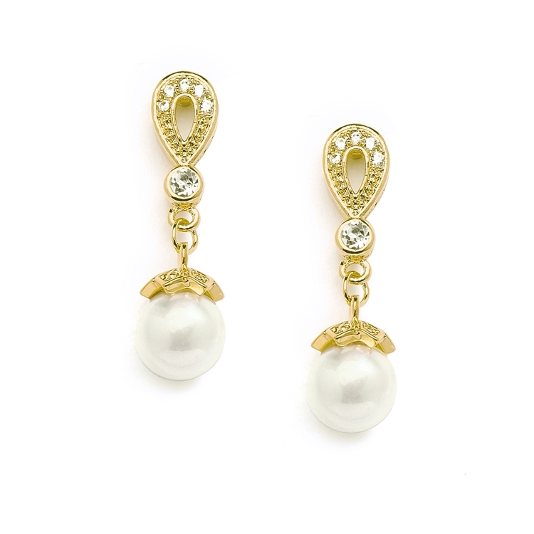 14K Gold Vintage CZ Pave Bridal Earrings with Pearl Drop<br>468E-G