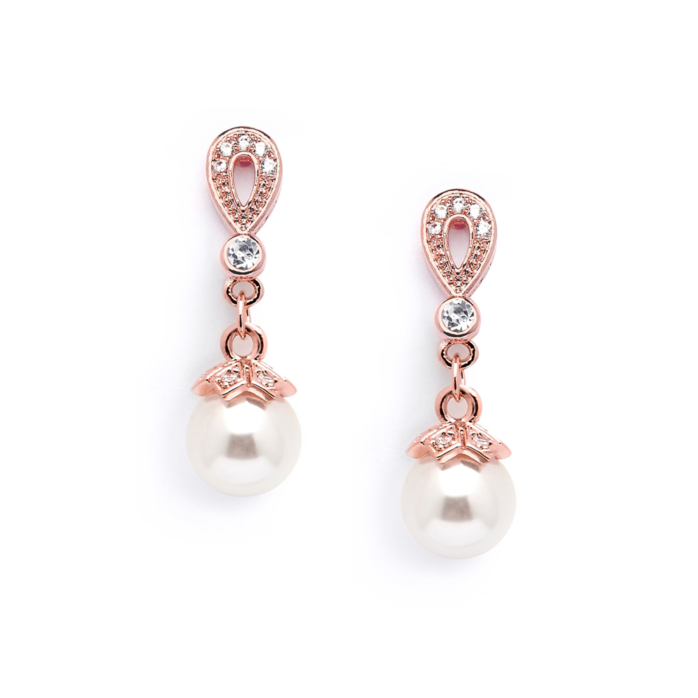 Rose Gold Vintage CZ Pave Bridal Earrings with Pearl Drop<br>468E-RG